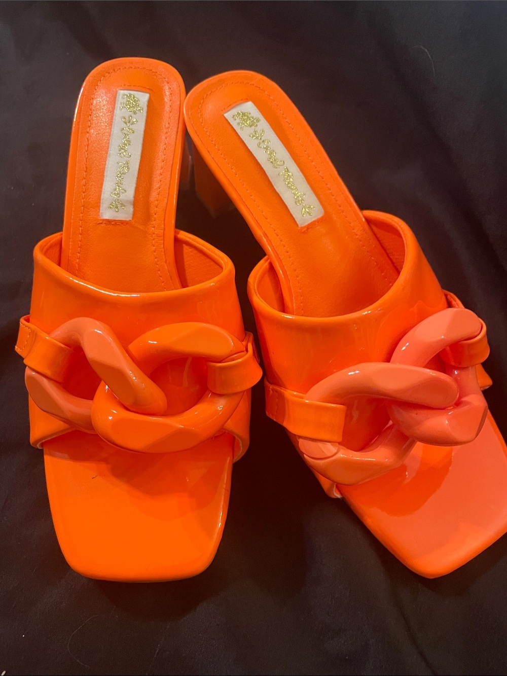 Camel Threads Bright Orange Patent Chain-Link Mule Sandals